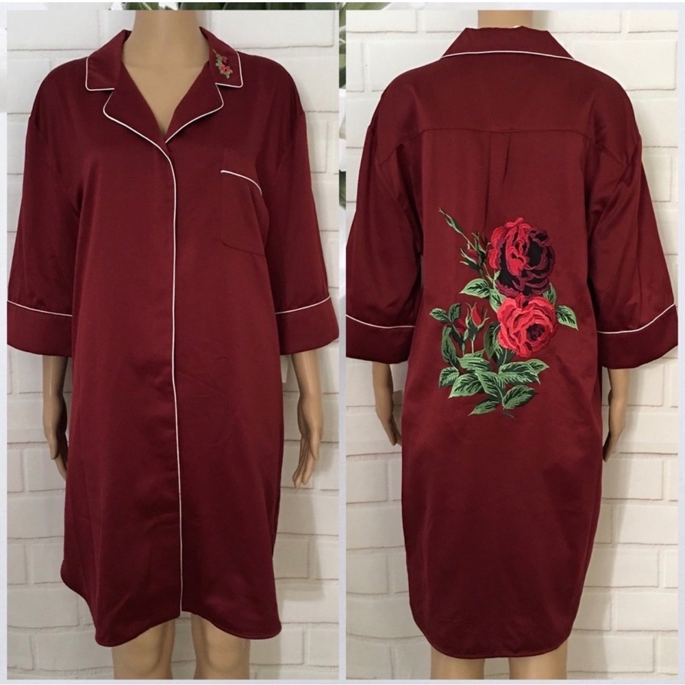Bed To‎ Brunch Sleep Shirt Womens Medium Burgundy GUC Rose Embroidered Satin